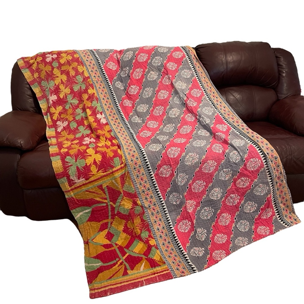 KANTHA QUILT Double Sided Lightweight Colorful XL Twin Spring Summer Blanket